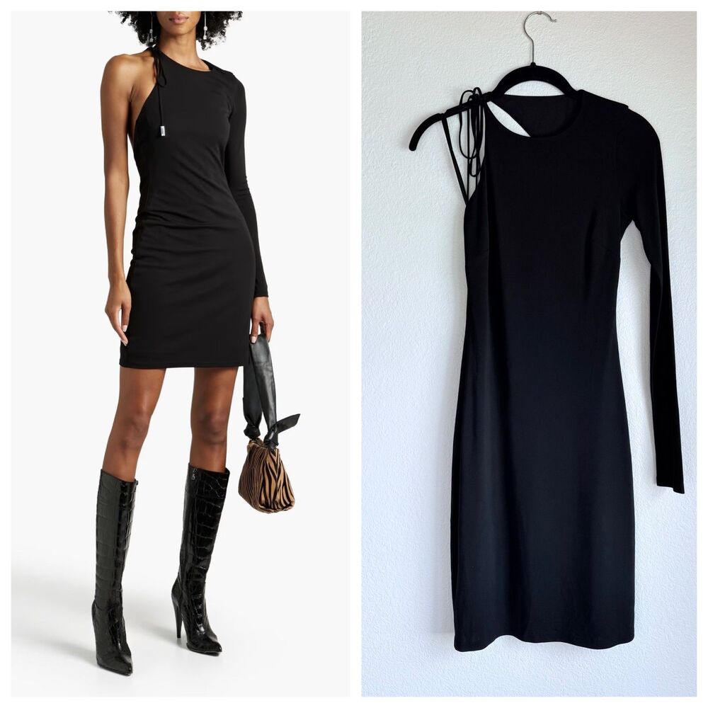 NWT Halston Kayleigh Womens Open Back One Shoulder Cocktail Dress in Black Sz 0